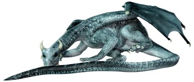 Beyaz arka planda izole edilmiş bir fantezi ejderhanın 3 boyutlu canlandırması