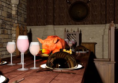 Bir ortaçağ antik odasının 3 boyutlu portresi. İçi yemek masasıyla dolu.