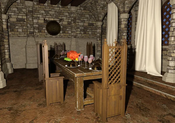Renderização Antigo Quarto Medieval Interior Com Uma Mesa Jantar — Fotografia de Stock