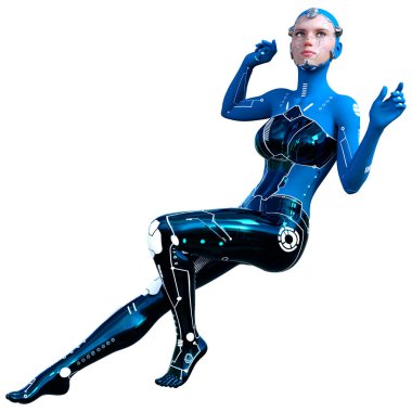 Beyaz arka planda izole edilmiş bir kadın robotun 3 boyutlu canlandırması