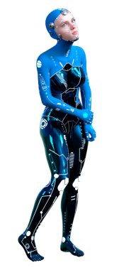 Beyaz arka planda izole edilmiş bir kadın robotun 3 boyutlu canlandırması