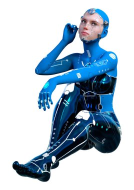 Beyaz arka planda izole edilmiş bir kadın robotun 3 boyutlu canlandırması