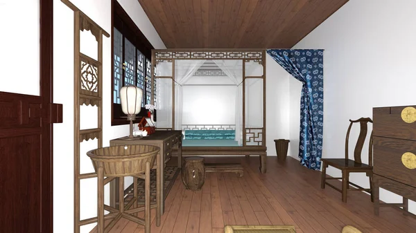 Digital Rendering Ancient Chinese Bedroom Interior — Stock Photo, Image
