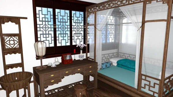 Cyfrowe Renderowanie Starożytnego Chińskiego Wnętrza Sypialni — Zdjęcie stockowe