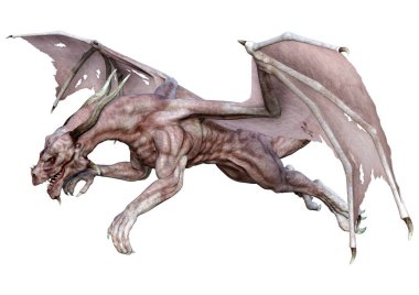 Beyaz arka planda izole edilmiş bir fantezi ejderhanın 3 boyutlu canlandırması