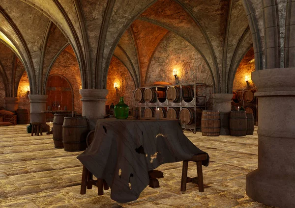 ワインの樽と暗い中世のセラーの3Dデジタルレンダリング — ストック写真
