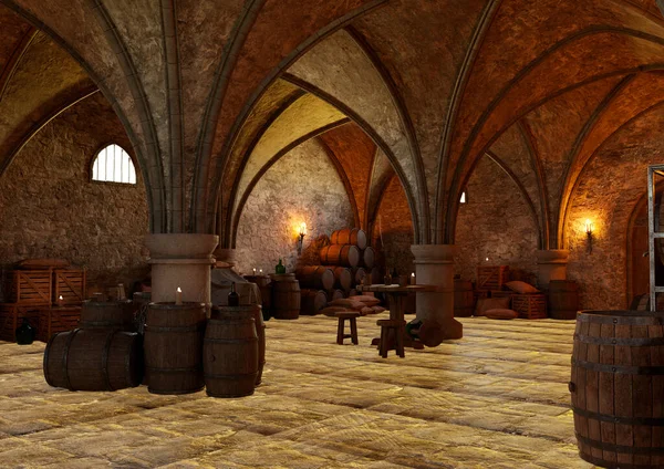 Digital Rendering Dark Medieval Cellar Barrels Wine — Stock Photo, Image