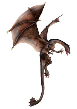 Beyaz arka planda izole edilmiş bir fantezi ejderhanın 3 boyutlu canlandırması