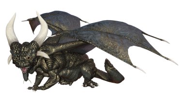 Beyaz arka planda izole edilmiş bir fantezi ejderhanın 3 boyutlu canlandırması