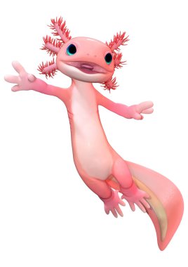 3D rendering of a cute pink toon axolotl isolated on white background
