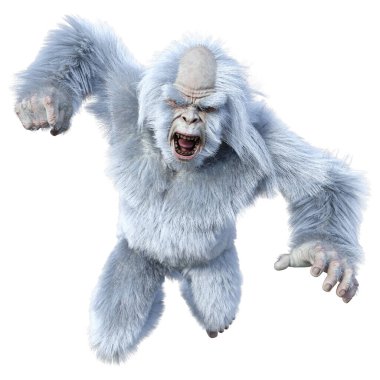 Yeti 'nin beyaz arka planda izole ettiği 3 boyutlu bir fantezi yaratığı.