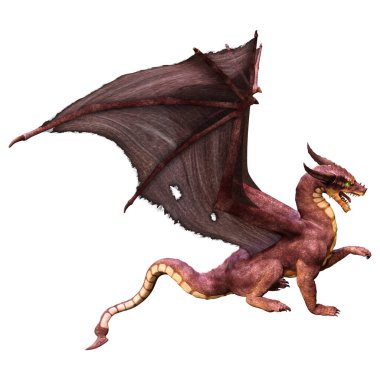 Beyaz arka planda izole edilmiş bir fantezi ejderhanın 3 boyutlu canlandırması