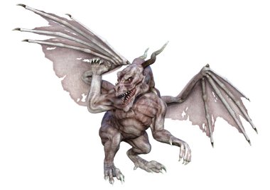 Beyaz arka planda izole edilmiş bir fantezi ejderhanın 3 boyutlu canlandırması