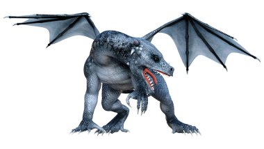 Beyaz arka planda izole edilmiş bir fantezi ejderhanın 3 boyutlu canlandırması