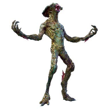 Beyaz arka planda izole edilmiş yeşil bir uzaylının 3 boyutlu görüntüsü