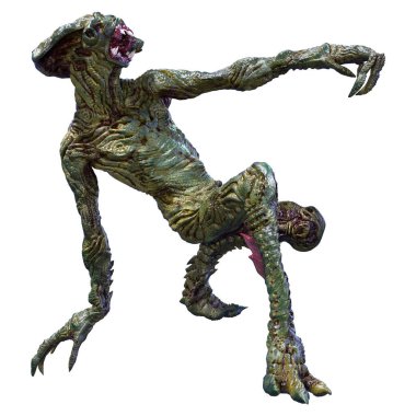 Beyaz arka planda izole edilmiş yeşil bir uzaylının 3 boyutlu görüntüsü