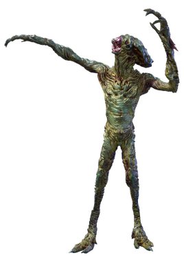 Beyaz arka planda izole edilmiş yeşil bir uzaylının 3 boyutlu görüntüsü