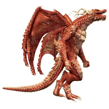 Beyaz arka planda izole edilmiş bir fantezi ejderhanın 3 boyutlu canlandırması