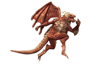 Beyaz arka planda izole edilmiş bir fantezi ejderhanın 3 boyutlu canlandırması