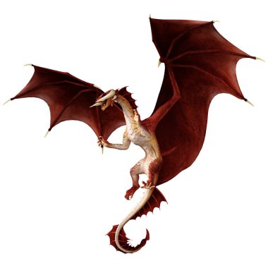 Beyaz arka planda izole edilmiş bir fantezi ejderhanın 3 boyutlu canlandırması