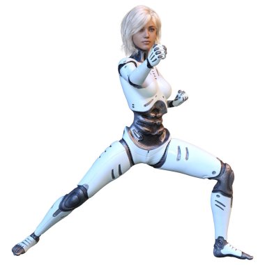 Beyaz arka planda izole edilmiş bir kadın robotun 3 boyutlu canlandırması