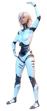 Beyaz arka planda izole edilmiş bir kadın robotun 3 boyutlu canlandırması