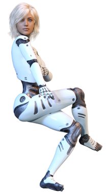 Beyaz arka planda izole edilmiş bir kadın robotun 3 boyutlu canlandırması