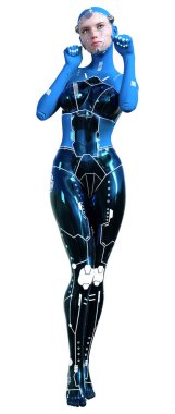 Beyaz arka planda izole edilmiş bir kadın robotun 3 boyutlu canlandırması