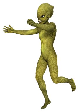 Beyaz arka planda izole edilmiş yeşil bir uzaylının 3 boyutlu görüntüsü