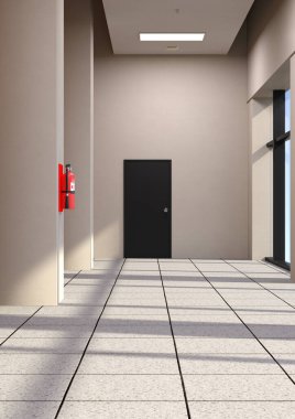 Boş bir şirket koridorunun 3B görüntüsü