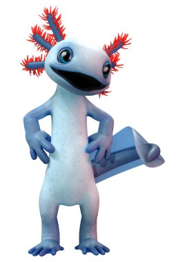 Beyaz arkaplanda izole edilmiş şirin bir mavi çizgi axolotl 'un 3B canlandırması