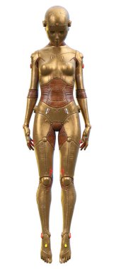 Beyaz arka planda izole edilmiş bir kadın robotun 3 boyutlu canlandırması