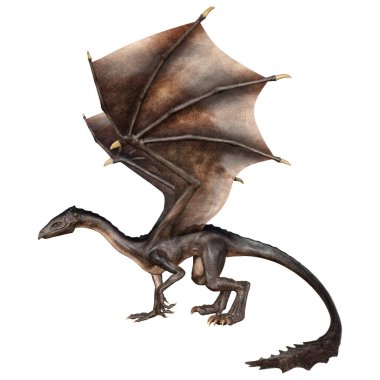 Beyaz arka planda izole edilmiş bir fantezi ejderhanın 3 boyutlu canlandırması