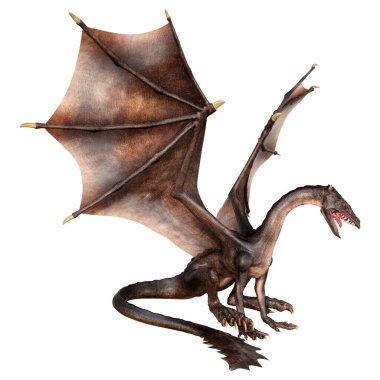 Beyaz arka planda izole edilmiş bir fantezi ejderhanın 3 boyutlu canlandırması