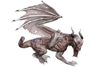 Beyaz arka planda izole edilmiş bir fantezi ejderhanın 3 boyutlu canlandırması