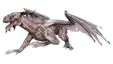 Beyaz arka planda izole edilmiş bir fantezi ejderhanın 3 boyutlu canlandırması