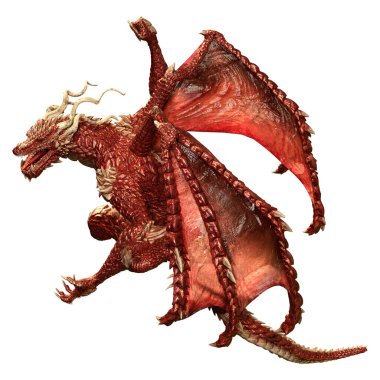 Beyaz arka planda izole edilmiş bir fantezi ejderhanın 3 boyutlu canlandırması