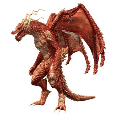 Beyaz arka planda izole edilmiş bir fantezi ejderhanın 3 boyutlu canlandırması