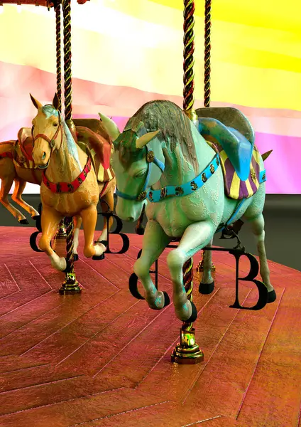 Rendering Vintage Karneval Karrusel Med Heste - Stock-foto