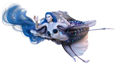 Beyaz arka planda izole edilmiş mavi saçlı bir deniz kızının 3 boyutlu görüntüsü.