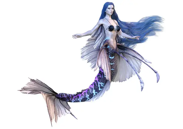 Darstellung Einer Fantasie Meerjungfrau Mit Blauem Haar Auf Weißem Hintergrund — Stockfoto