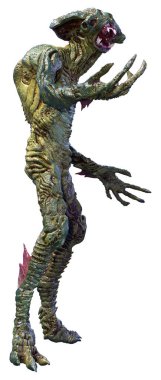 Beyaz arka planda izole edilmiş yeşil bir uzaylının 3 boyutlu görüntüsü