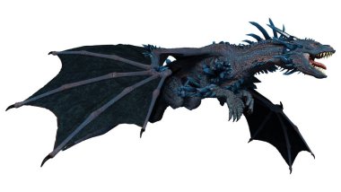 Beyaz arka planda izole edilmiş bir fantezi ejderhanın 3 boyutlu canlandırması