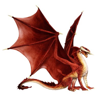 Beyaz arka planda izole edilmiş bir fantezi ejderhanın 3 boyutlu canlandırması