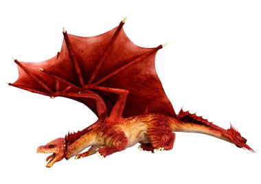 Beyaz arka planda izole edilmiş bir fantezi ejderhanın 3 boyutlu canlandırması