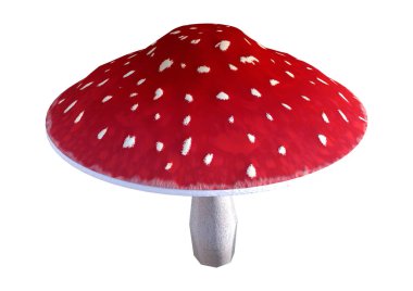 Amanita ya da mantar mantarının beyaz arka planda 3 boyutlu görüntülenmesi.