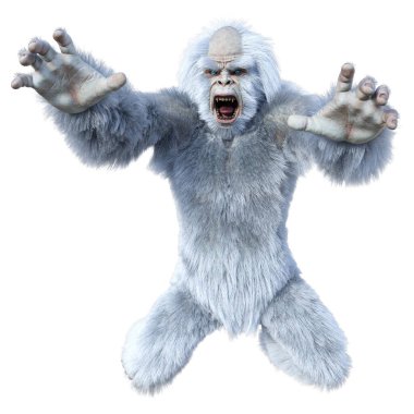 Yeti 'nin beyaz arka planda izole ettiği 3 boyutlu bir fantezi yaratığı.