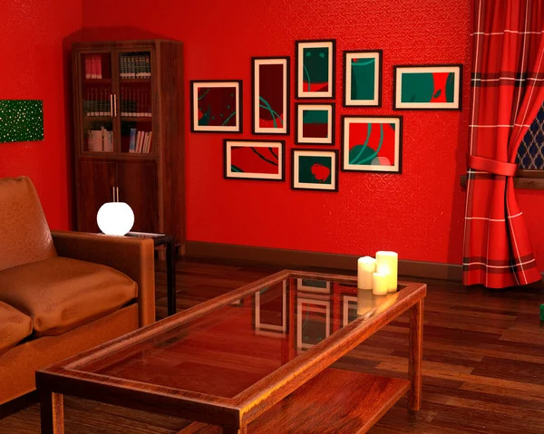 3D rendering of a living room interior decorated with candles