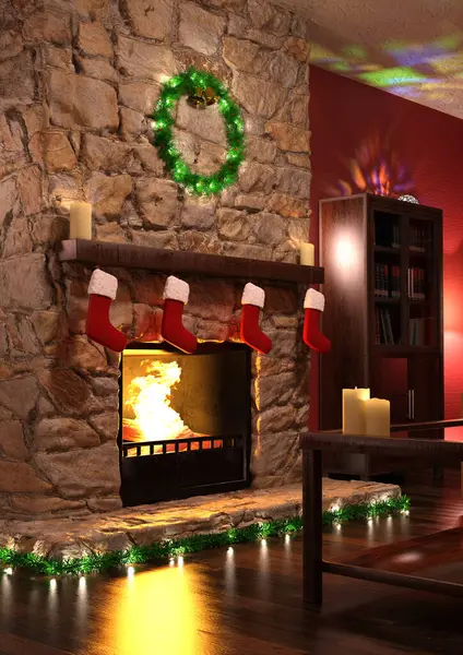 Rendering Christmas Decorated Room Interior Fireplace Gifts Christmas Wreath Stock Picture