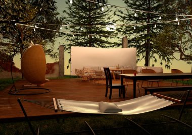 Geceleri bir bahçe avlusunun 3 boyutlu canlandırması